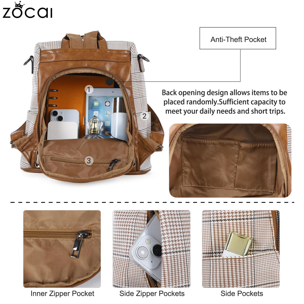 ZOCAI Backpack Purse for Women Fashion Backpack Purses PU Leather Daypacks Anti-Theft Shoulder Bag Satchel Purse(Brown)