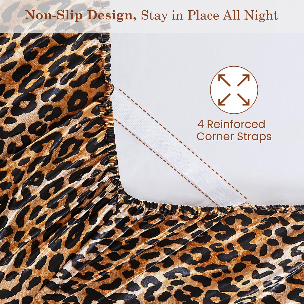 lasoftan Leopard Print Satin Sheets Queen, Silky Animal Printed Fitted Bed Sheet with 15" Deep Pocket & Non-Slip Straps, Luxury Hotel Satin Summer Cooling Sheets & Pillowcase Set, Yellow