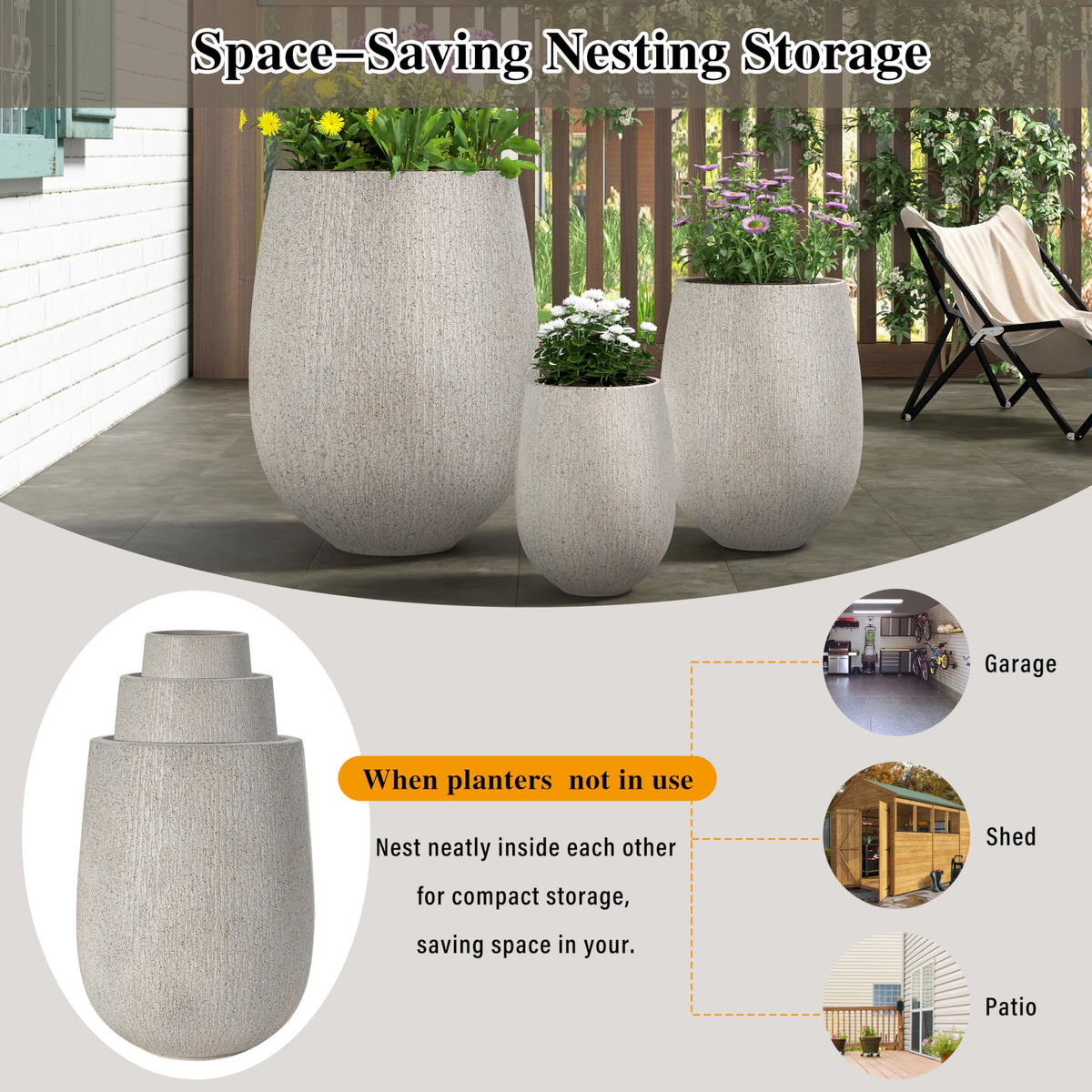 Modern Egg-Shaped Planter Set of 3, Lightweight MGO Stone Look Flower Pots with Drainage Holes & Rubber Plug for Indoor Outdoor Patio Garden Poolside Decor, Unique Textured Succulent Container