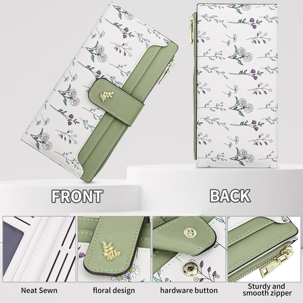 Farcauo Wallet Women Slim Wallets for Women with RFID Blocking Cute Thin Green Women's Wallet Kawaii Flower Womens Ladies Card Holder Wallets