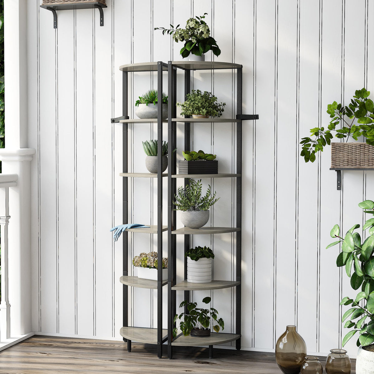 IRCPEN 6 Tier Corner Shelf 63.1" Tall Corner Shelves Stand Ladder Shelf Metal Standing Bookshelf Organizer Display Rack Bookcase Plant Stand Industrial Rustic for Living Room Bedroom Oak CS-001GR