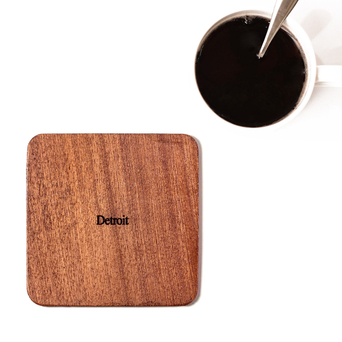 Detroit Map Coaster by O3 Design Studio, Set Of 4, Sapele Wooden Coaster With City Map, Handmade