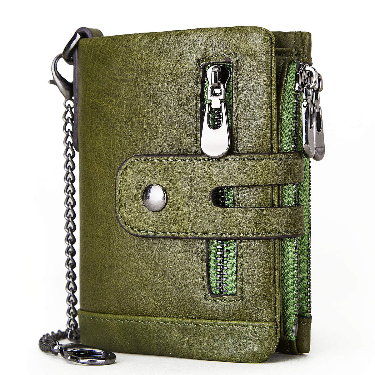 gzcz Men Wallets with Chain Genuine Leather Purse RFID Blocking Minimalist Bifold Wallet with Zipper Coin Pocket ID Window, Green