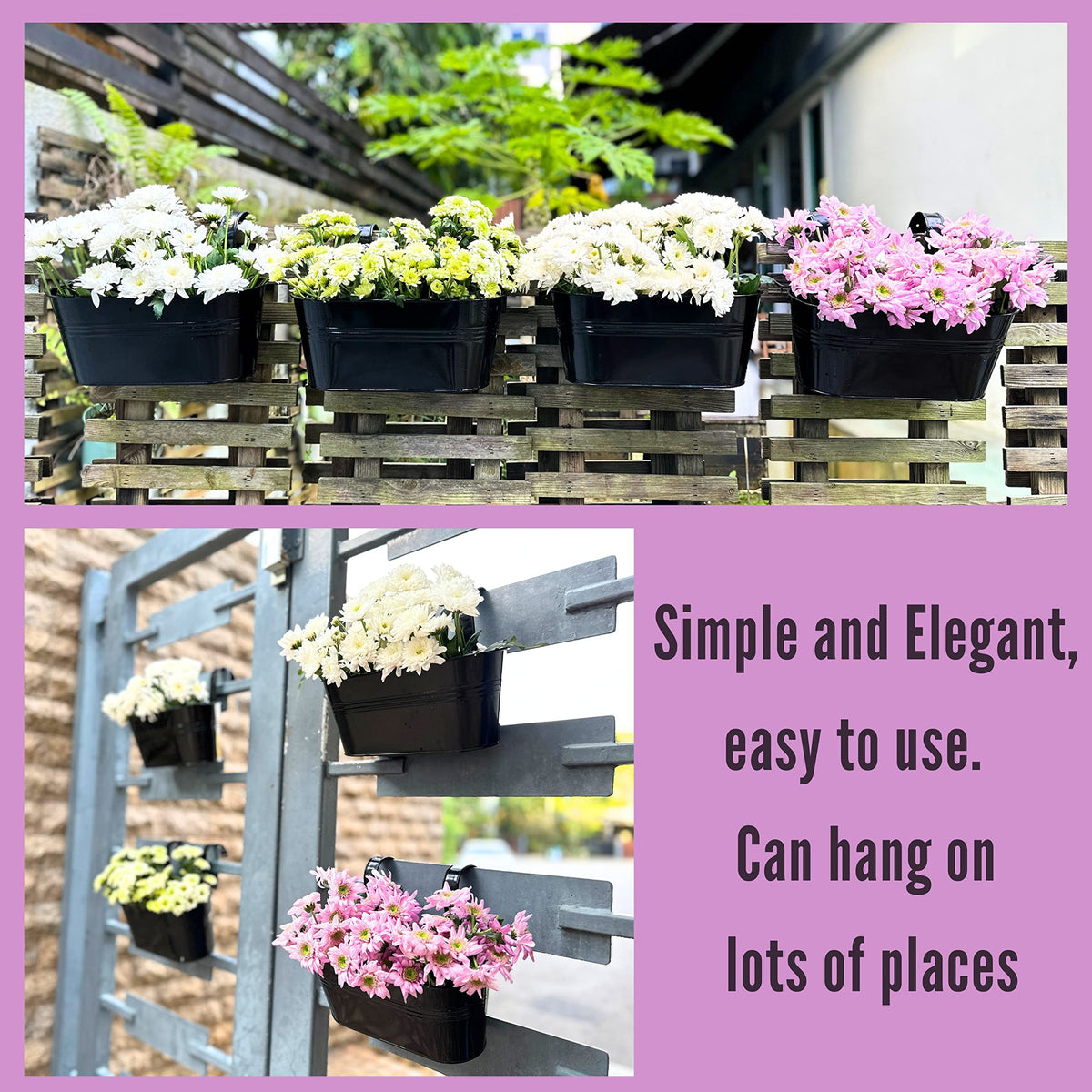 LaLaGreen Bundle - 4 Pack, 11.2 Inch Black + 4 Pack, 11.2 Inch White Rounded Metal Iron Hanging Flower Pot Wall Mount Window Box Plant Holder Deck Railing Fence Patio Porch Modern Garden Outdoor Decor