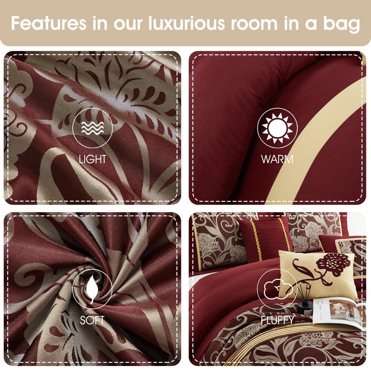 Stratford Park Red and Gold Comforter Set Queen Size, 9 Piece Jacquard Floral Bedding Set, All Season, Ultra-Soft, Matching Pillows & Shams, Bed Skirt, Curtains