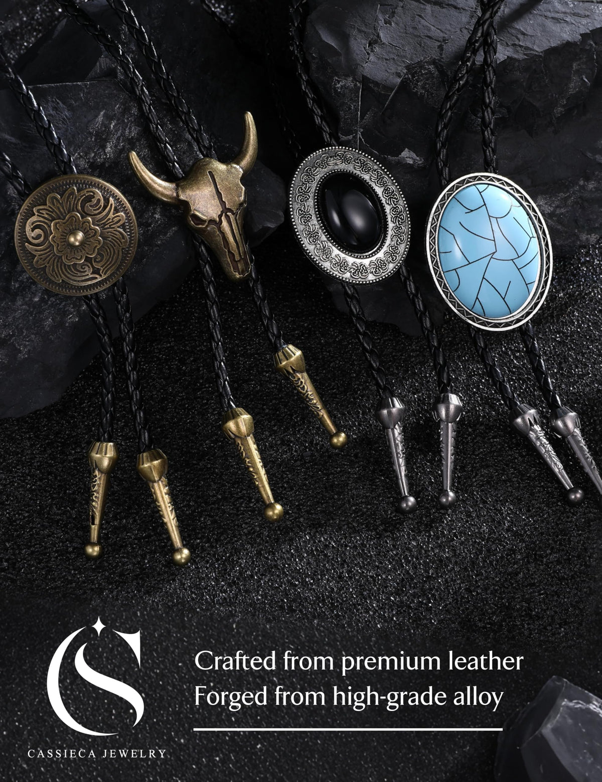 CASSIECA 4Pcs Handmade Bolo Tie for Men Western Cowboy Leather Necktie Halloween Costume Accessories for Men Women