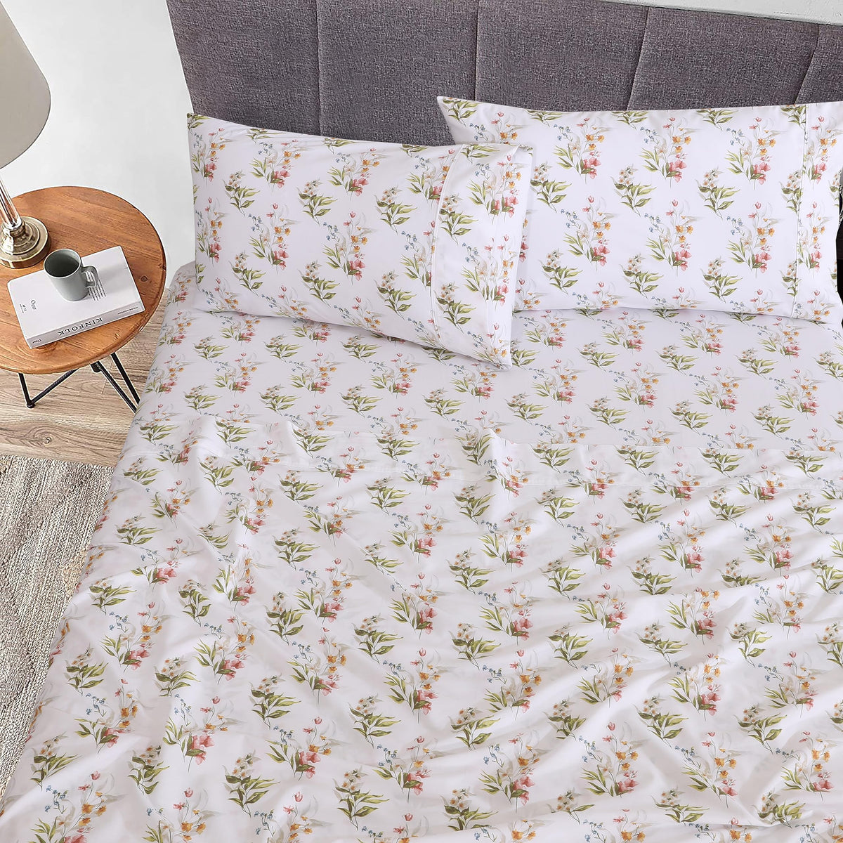 RUVANTI 100% Cotton Percale Sheets Full Size, Floral Bliss