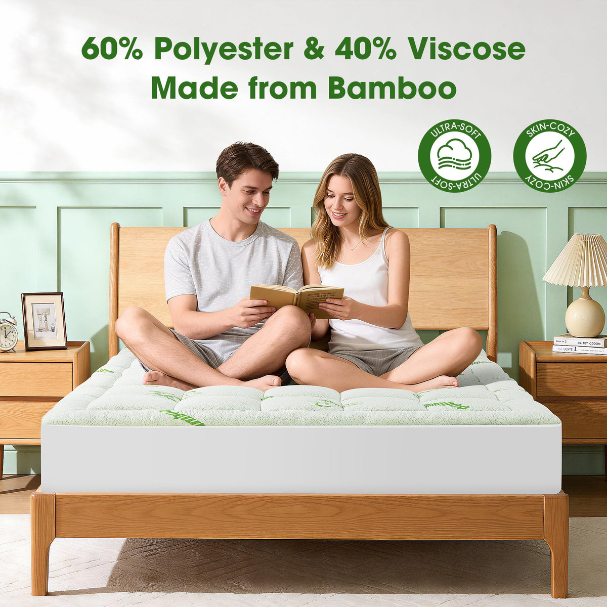 Mattress Pad Queen Size, Cooling Pillow Top Mattress Topper, Ultra Soft Viscose Made from Bamboo, Breathable for Hot Sleepers, Deep Pocket 8"-20", Green