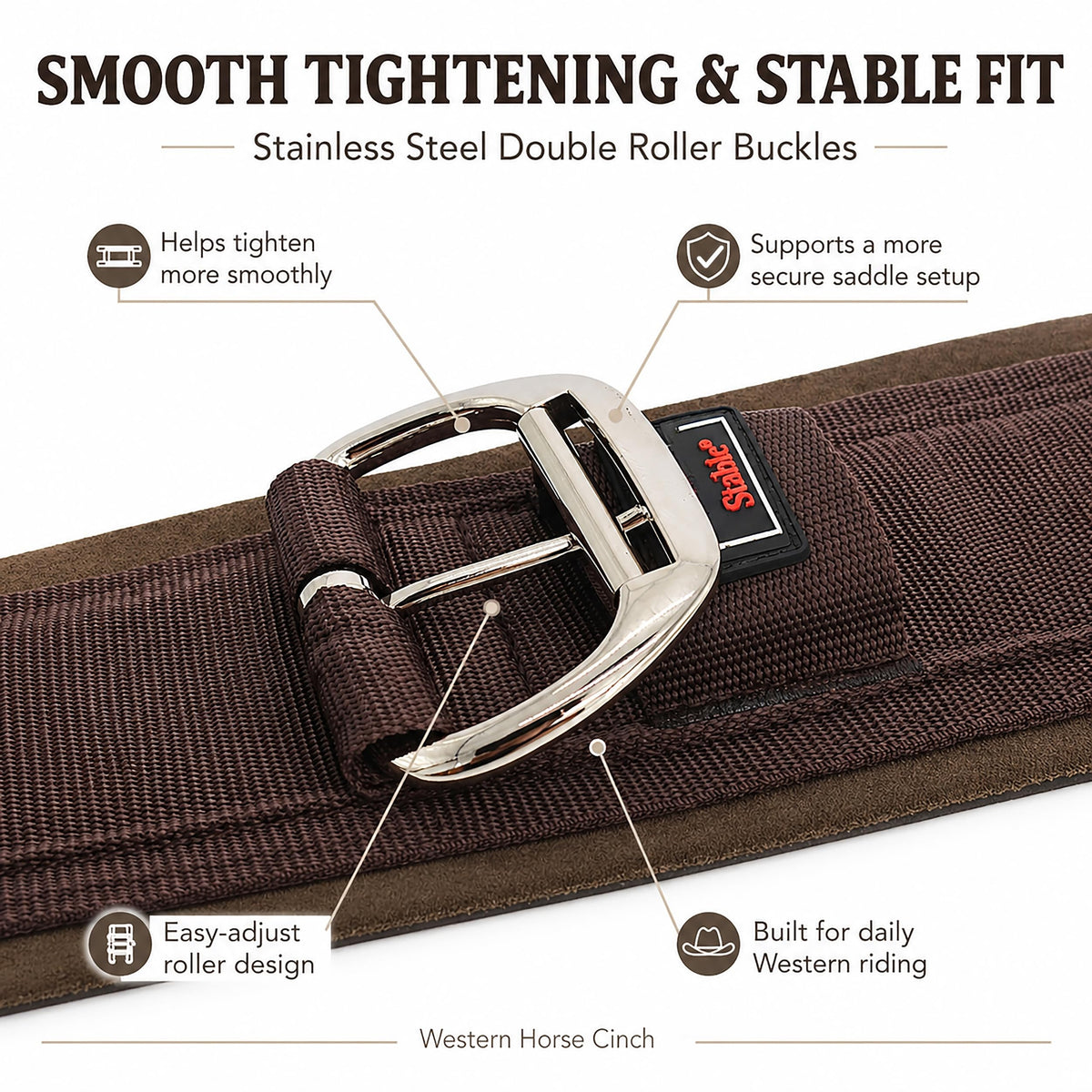 BARN & STABLE Western Horse Cinch with Stainless Steel Double Roller Buckles, Anti-Slip Terry Lining, Comfortable Western Saddle Girth for Stable Saddle Fit, Trail Riding and Ranch Work