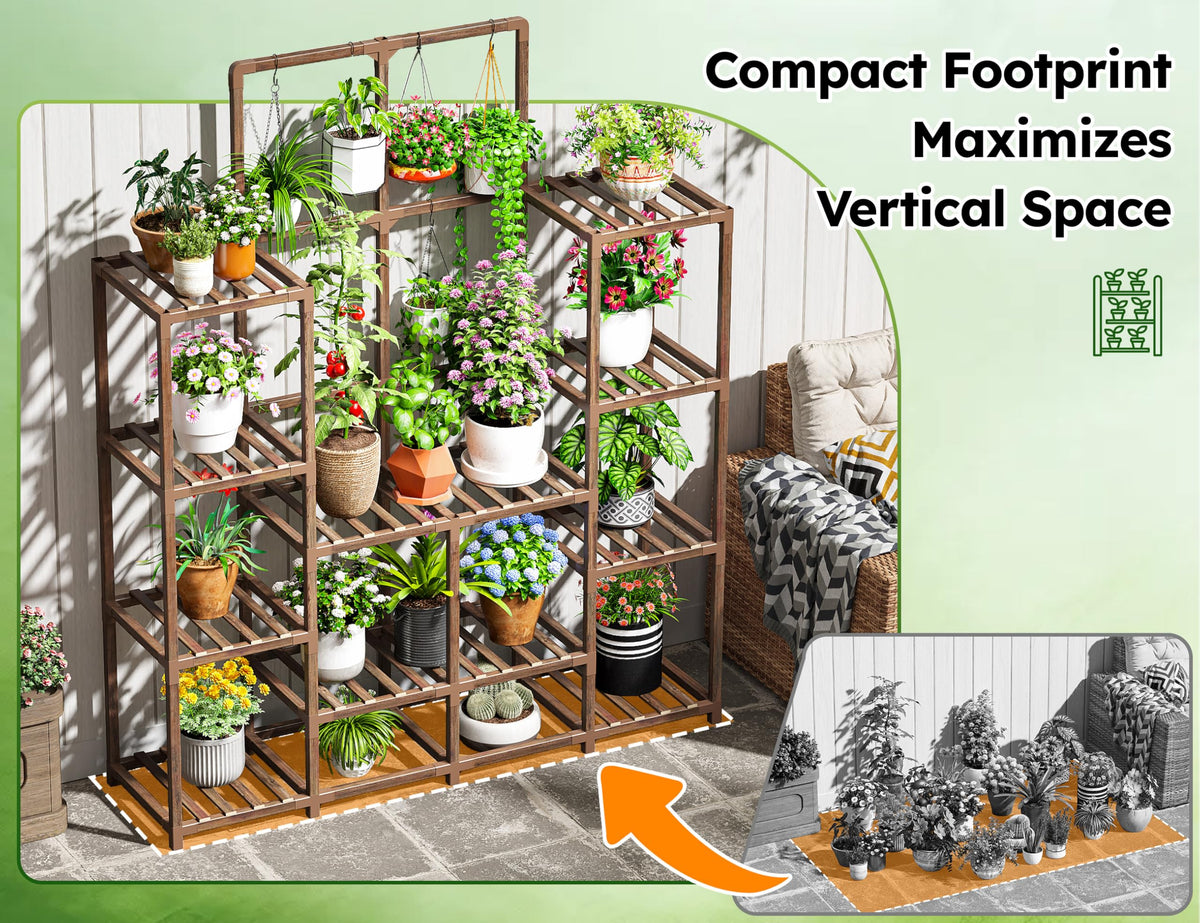 EnHomee Plant Stand Indoor Wood Plant Stand Outdoor Tiered Plant Shelf for Multiple 16-21 Potted Plants for Living Room Patio Balcony Yard Garden 44.9" W x 11.8" D x 62.2" H