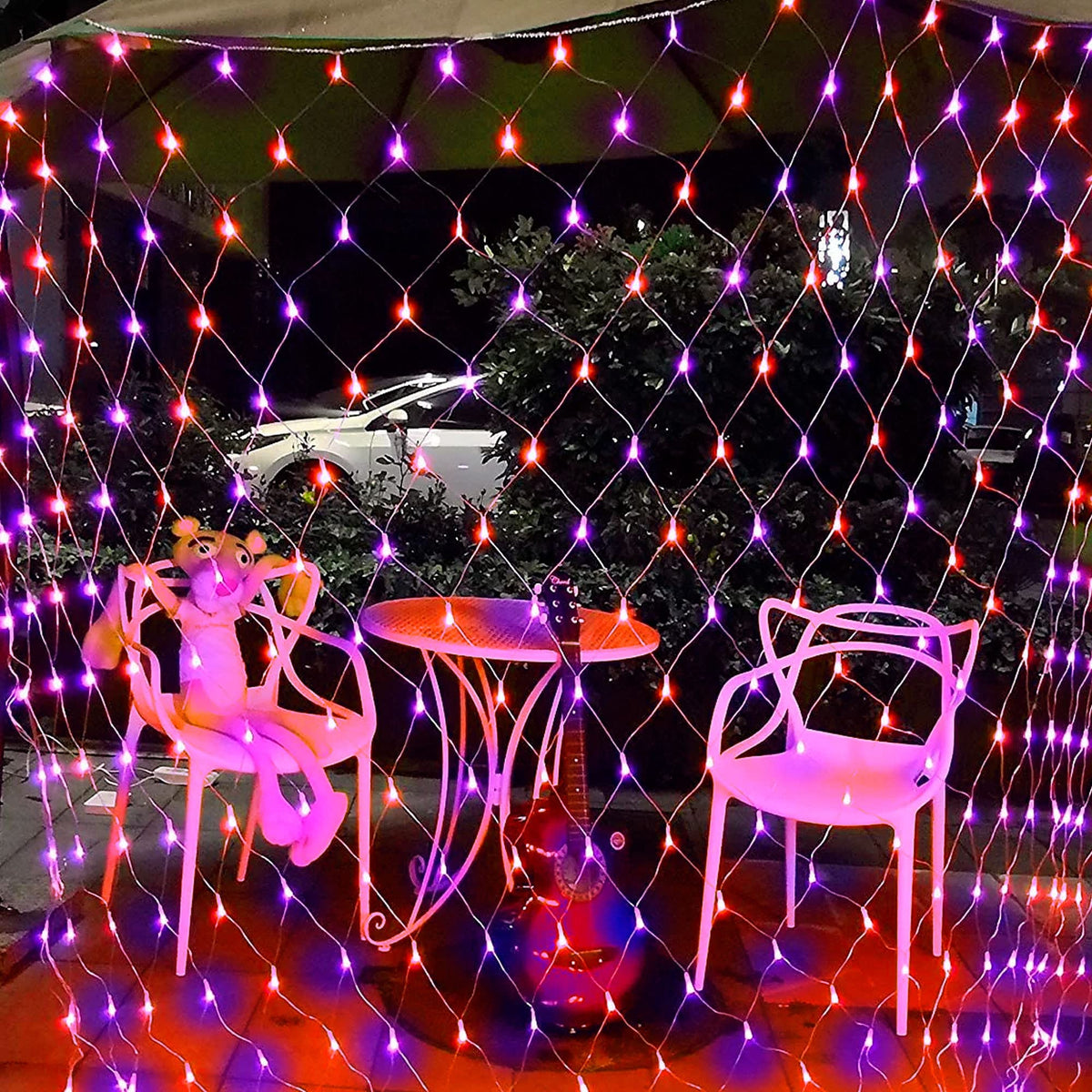 Dazzle Bright 200 LED Net Lights, 9.8 FT x 6.6 FT, Connectable Mesh Lights, Clear Wire, Purple & Orange, Model HB-360WCOI