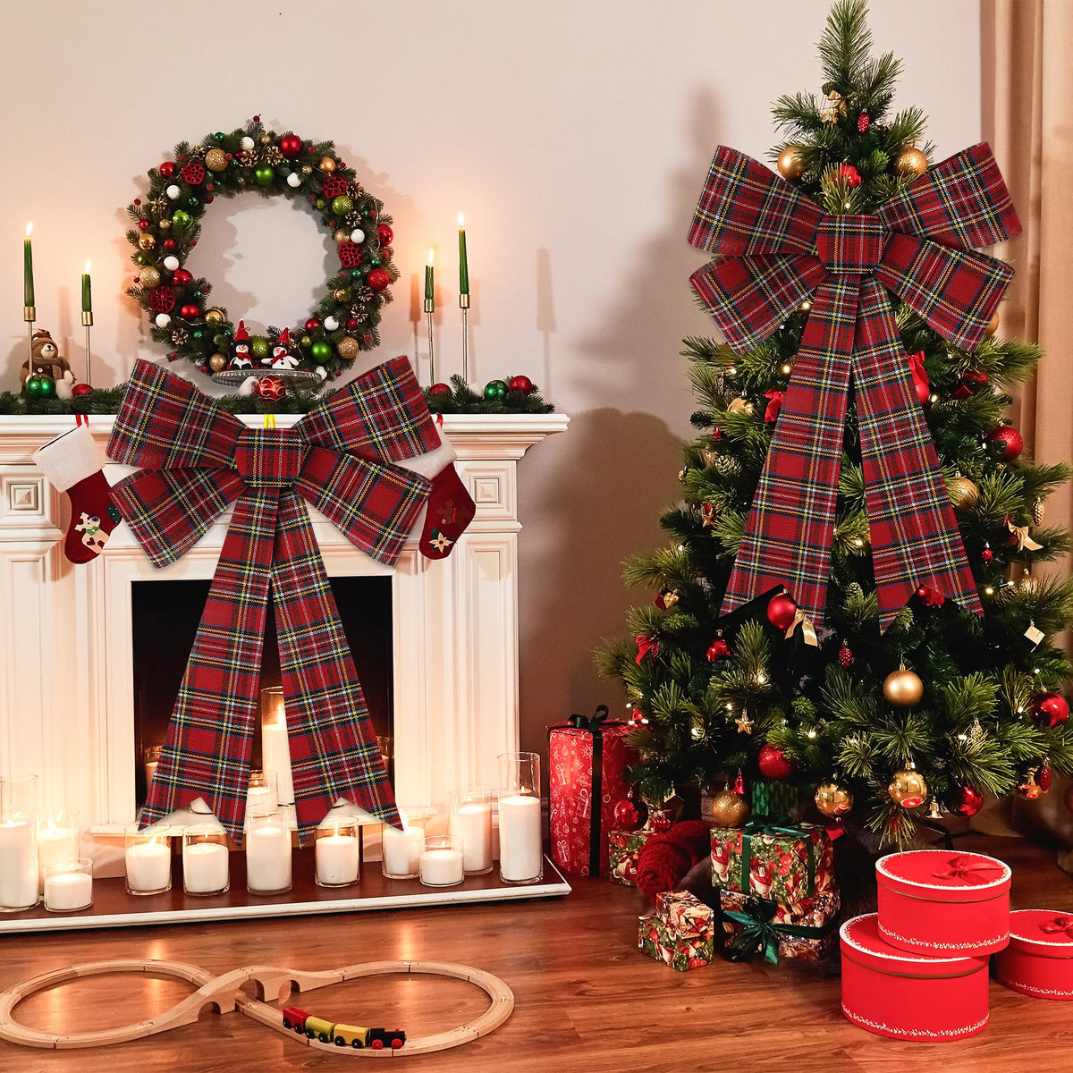 1 PCS Christmas Tree Bows, 9x12 In Large White Black Red Velvet Bows for Christmas Tree, Buffalo Plaid Plastic Big Christmas Bow for Xmas Decorations Wreath Stairs Railing Fireplace Front Door Decor