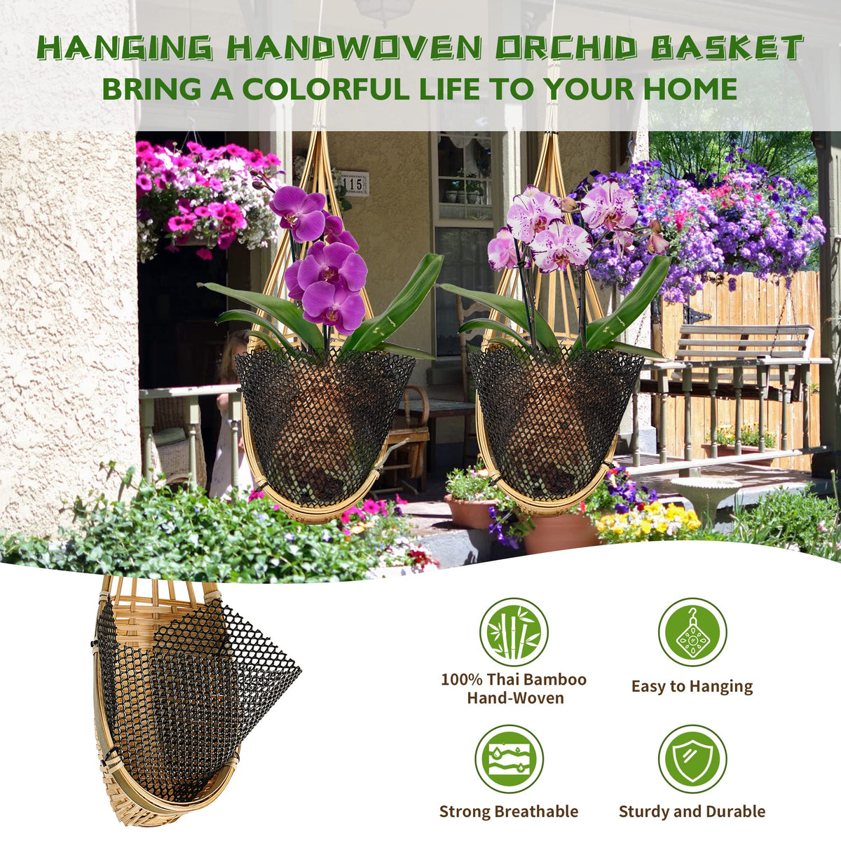 lanccona Orchid Hanging Planter 5 Inch 6 Pack with Bird Nest Style Plant Hangers, Handmade Thai Bamboo Woven Hanging Orchid Basket for Trellis Gazebo Indoor Outdoor