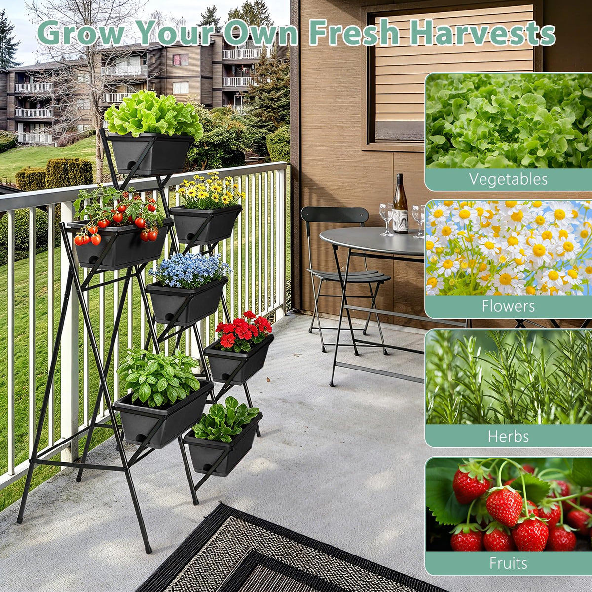 Sunexinlo 5-Tier Vertical Garden Planter with 7 Plant Boxes & Drainage Trays, Metal Freestanding Raised Bed for Herbs Flowers Vegetables, Indoor Outdoor for Patio Balcony Deck, Black