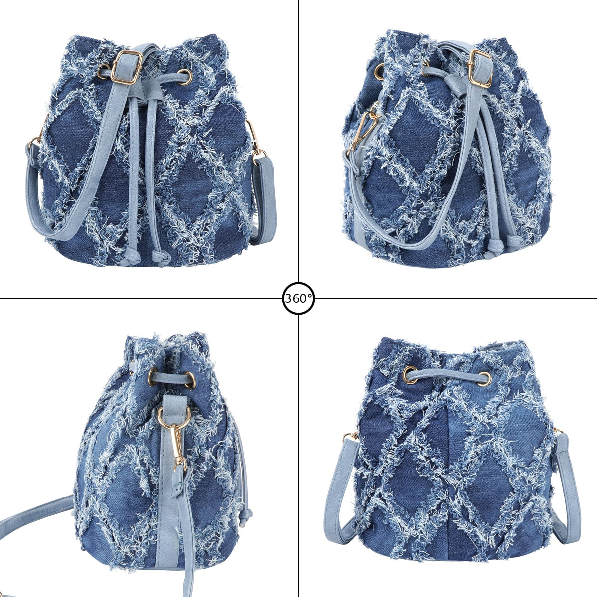 Hyuyikuwol Women Denim Mini Bucket Shoulder Crossbody Bag Drawstring Quilted Distressed Tassel Barrel Shape Satchel Purse, Blue