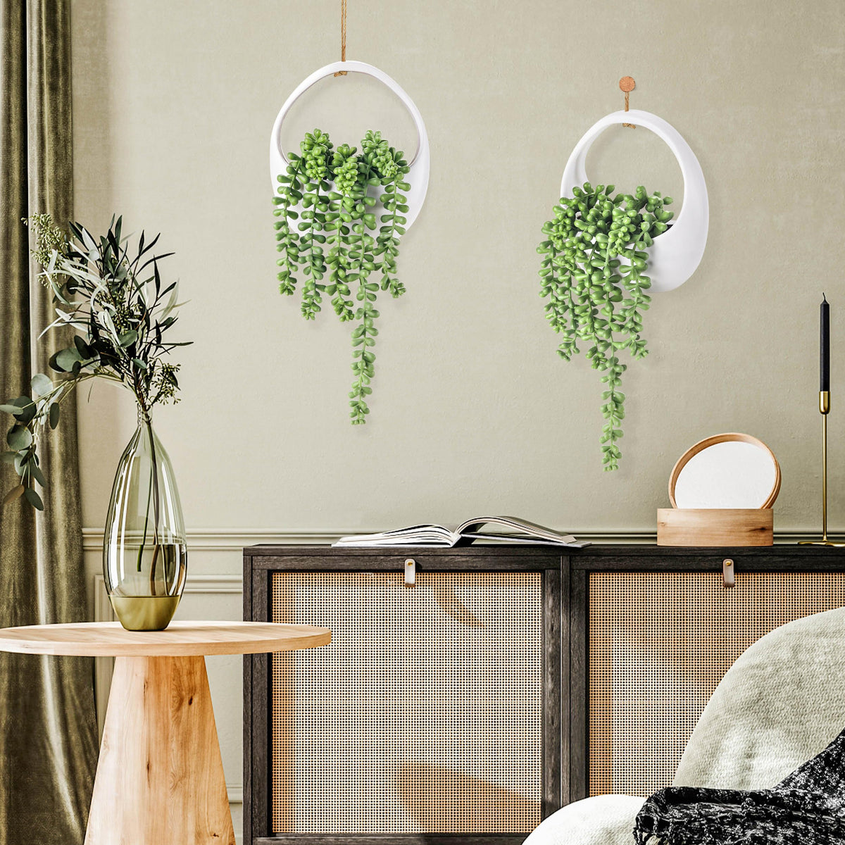 Der Rose 2 Packs Fake Hanging Plants Succulents with Strings Artificial Plants Indoor Outdoor for Boho Wall Decor