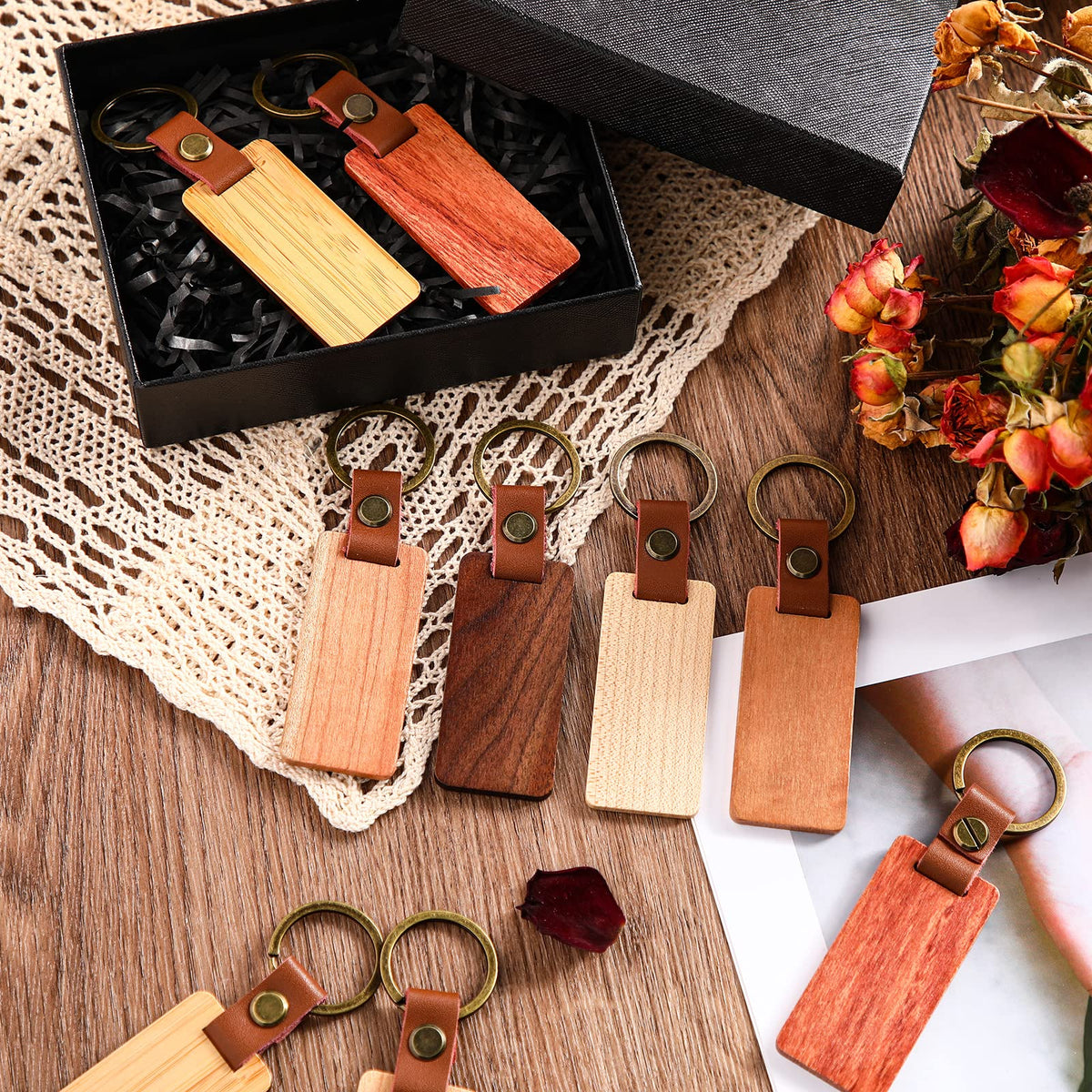 Batiyeer 30 Pcs Wooden Keychain Blanks 5 Colors Rectangle Wood Key Chain with Leather Strap Unfinished Gifts for Father