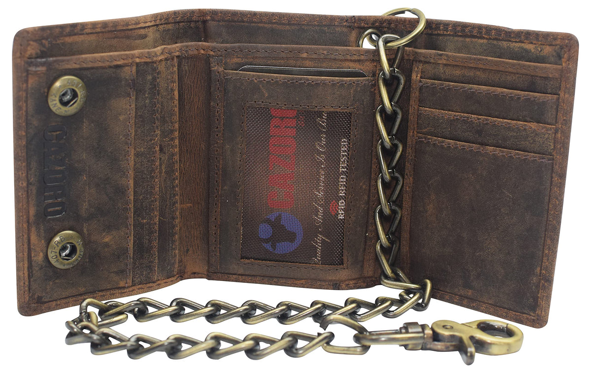 Men's RFID Blocking Trifold Vintage Leather Biker Chain Wallet With Snap Closure (Brown)