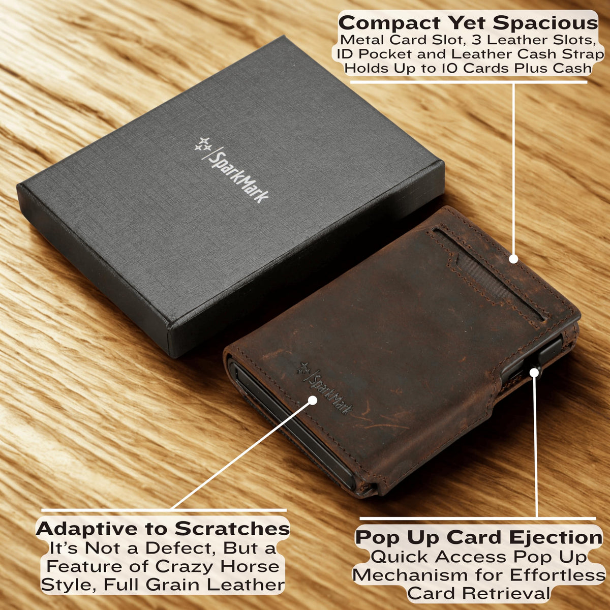 SparkMark Minimalist Pop Up Wallet for Men | RFID Blocking Credit Card Holder Wallet with Money Clip | Mens Wallet Slim Bifold Front Pocket Metal Case with Gift Box (Genuine Full Grain Soft Leather)