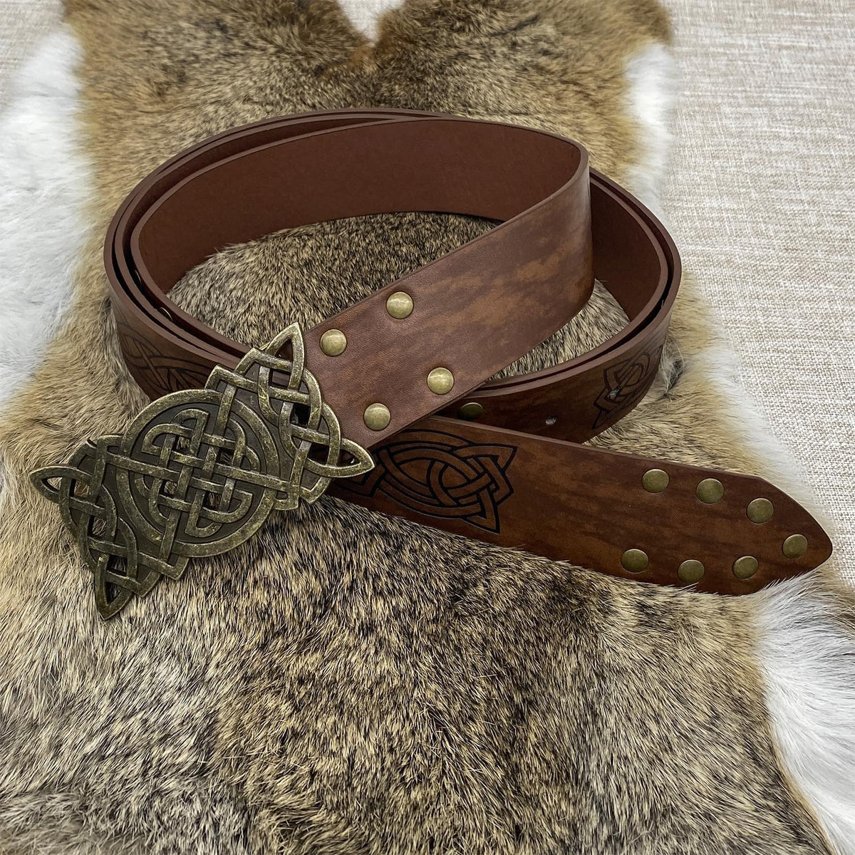 EpicCos 3PCs Medieval Embossed Belt Pouch Set, Viking Buckle Belt Portable Side Bag, Faux Leather Cosplay Accessories (Brown B)