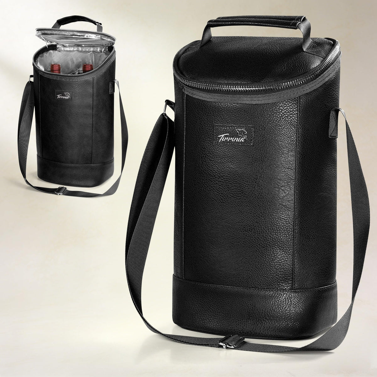 Tirrinia 2 Bottle Wine Carrier Bag, Insulated Wine Tote Cooler Bag with Shoulder Strap, for Travel, Picnic, BYOB & Christmas - Perfect Gift for Wine Lovers, Black