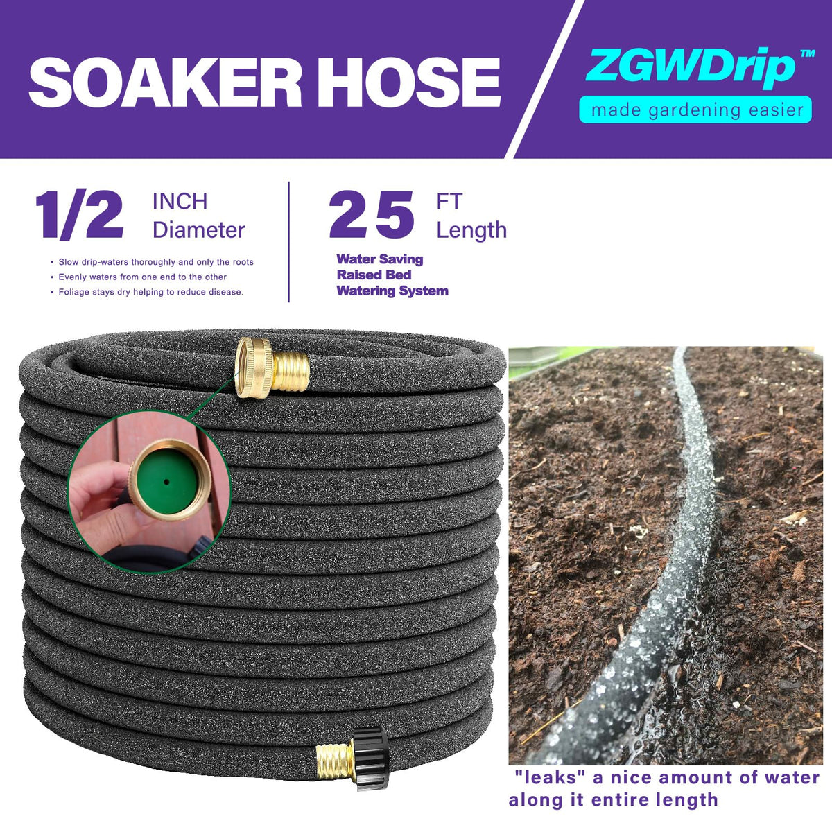 ZGWDrip 25FT 1/2" Water-Saving Soaker Hose with Solid Brass Connectors, Drip Irrigation Kit for Lawn & Yard