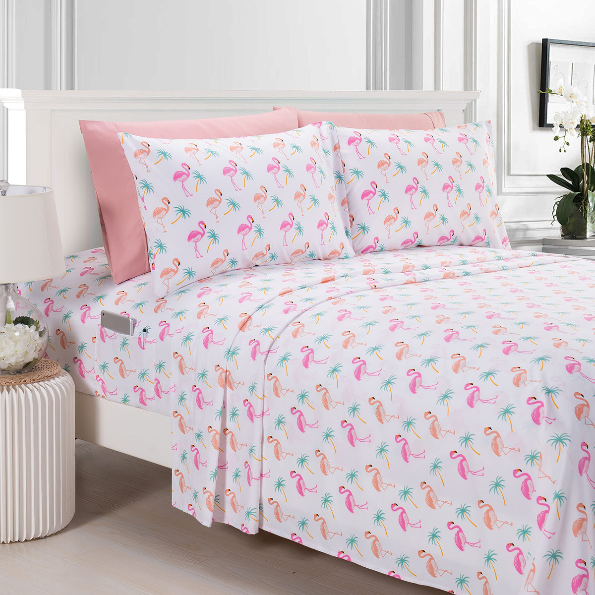 Elegant Comfort Ultra-Soft Double Brushed 6-Piece Microfiber Sheet Set Beautiful Tropical Patterns, and Vibrant Solid Colors, Luxury, All-Season Bed Sheet Set - Flamingo, Queen