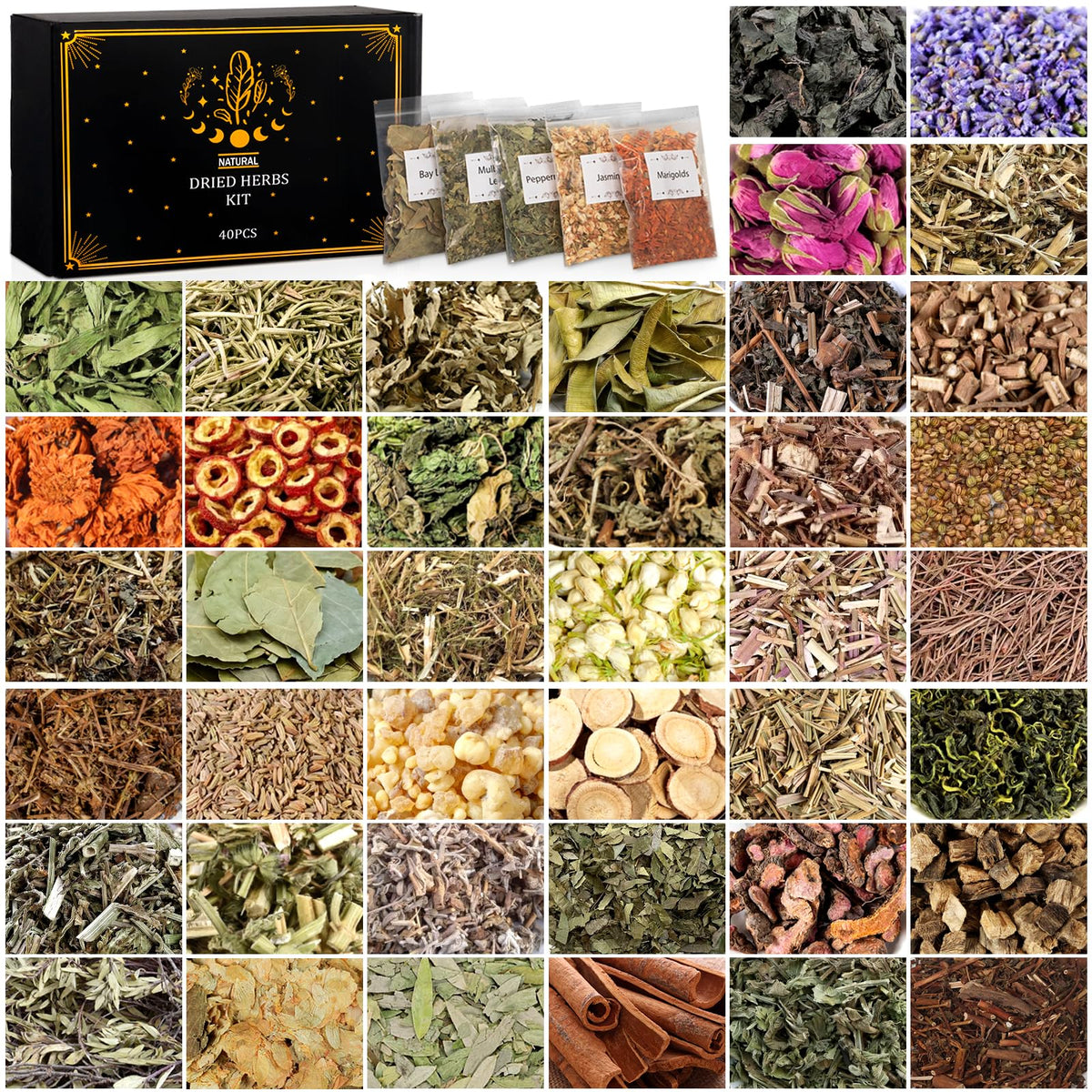 40 Pack Witchcraft Supplies Herbs Kit - Dried Herbs and Flowers for Witch Beginners - Herb Set for Wicca, Altar Supplies, Pagan and Wiccan Rituals, Magic Spell, Candle and Soap Making
