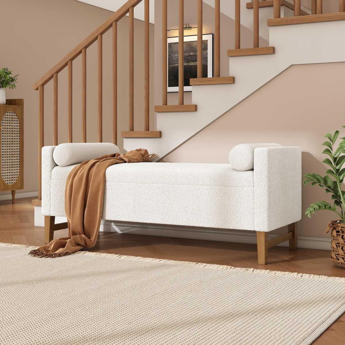 Christopher Knight Home Namo Boucle Upholstered Ottoman with Storage, Wooden Storage Ottoman Bench with Pillows, Long Entryway Ottoman Foot Rest, Bedroom End of Bed Foot Stools Ottoman, Natural+Ivory
