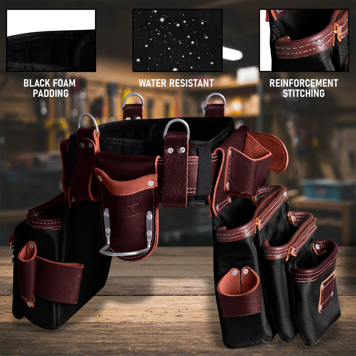 FUERI Tool Belt With Suspender Men Carpenter Pouches Construction Bags (Black and Maroon Tool Belt with Black Suspender, 2X-Large (48'' to 54''))