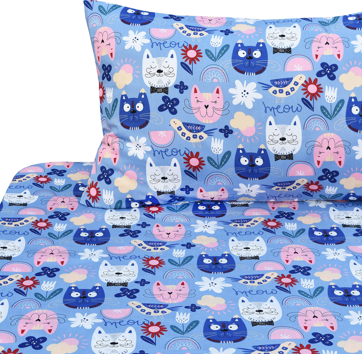 J-pinno Kids Painting Cat Kitty Flower Birds Blue Adorable 100% Cotton Twin 3 Pieces Sheet Set Bedroom Decoration Gift Flat Sheet + Fitted Sheet + Pillowcase Bedding Set for Unisex Boys Girls
