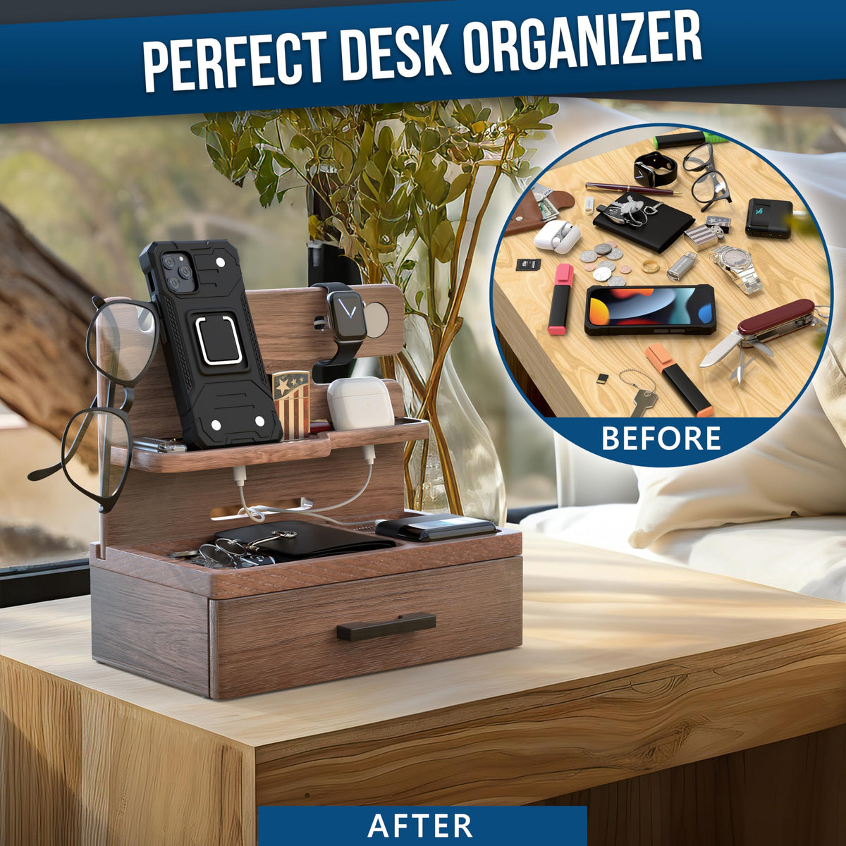 BarvA Phone Docking Station with Drawer Organizer | Night Stand Desk Charging Station | Upgraded Nightstand Organizer | Dresser Smart Watch Earbuds Phone Stand | Room Decor Gifts for Women Men Mom