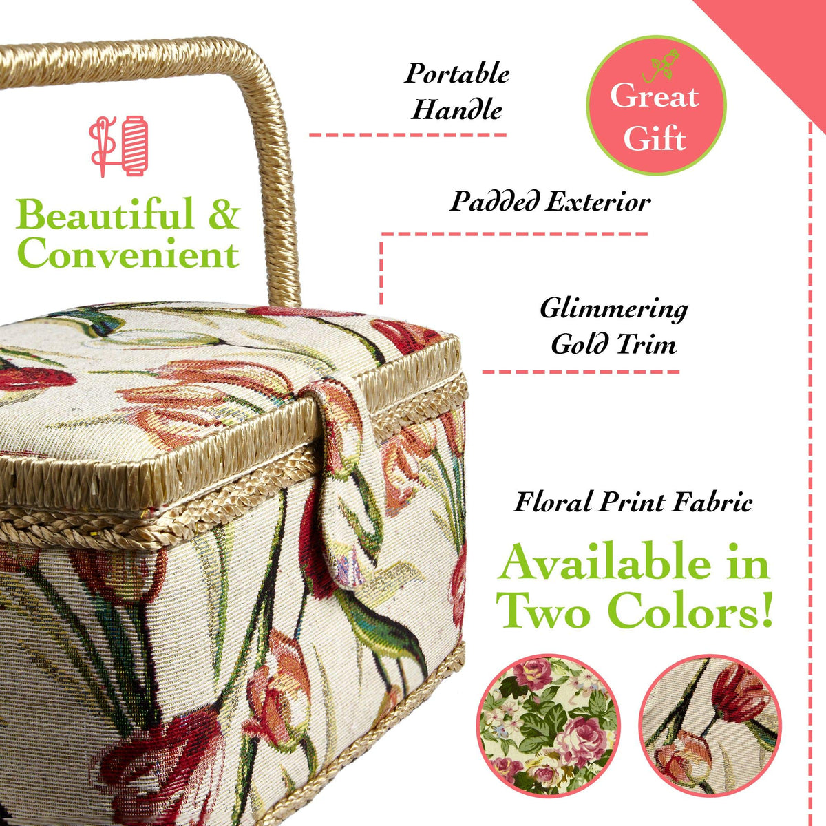 Sewing Basket with Tulip Floral Print Design- Sewing Kit Storage Box with Removable Tray, Built-In Pin Cushion and Interior Pocket - Large - 12" x 9" x 6" - by Adolfo Design
