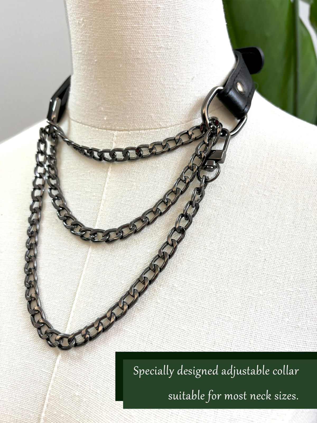 EverGlimp Handmade Black Vegan Leather Choker Collar For Women, Adjustable Triple-Layer Slip Chain Necklace