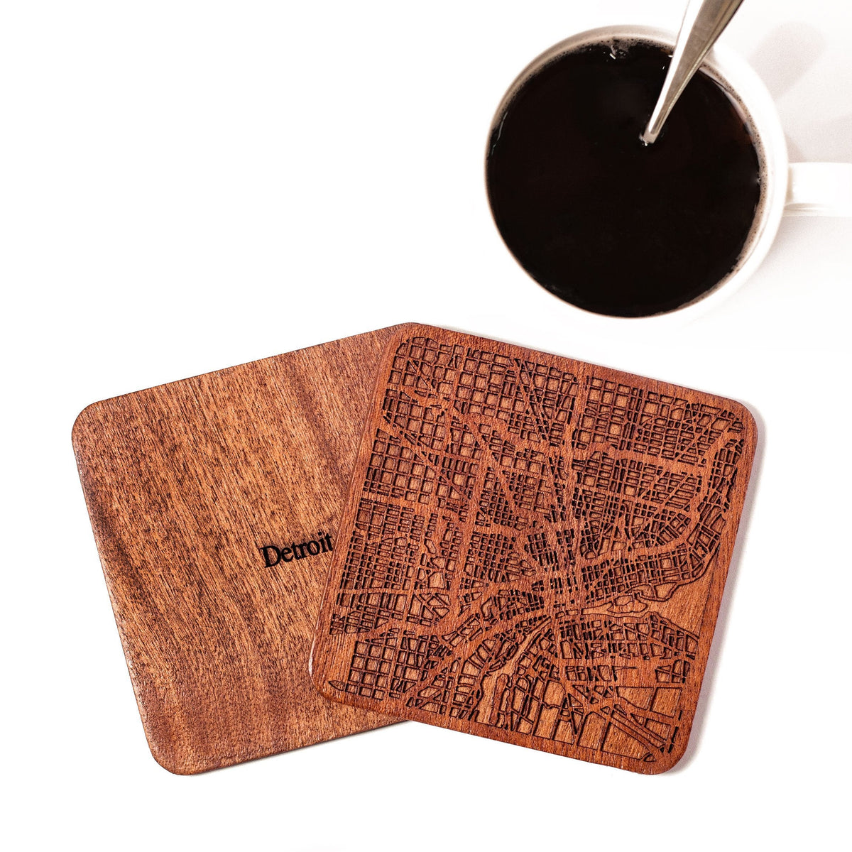 Detroit Map Coaster by O3 Design Studio, Set Of 4, Sapele Wooden Coaster With City Map, Handmade