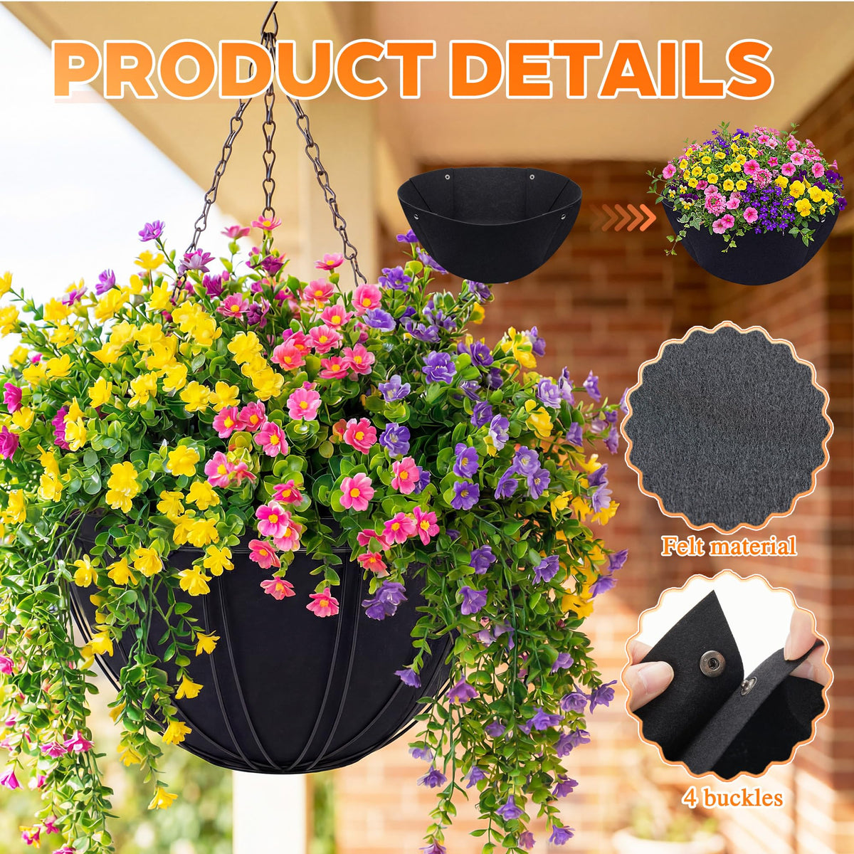 BreezeHug 6 Pack 14 Inch Hanging Basket Liners, Black Non Woven Planter Liners Replacement for Coconut Coir, Breathable Felt Round Pot Inserts with Snap Buttons Bird-Proof for Outdoor Garden