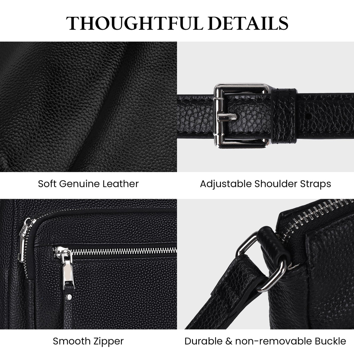 befen Genuine Leather Crossbody Bags for Women, Black Leather Purse with Built in Wallet, RFID Blocking Womens Handbag Shoulder Bag with Multi Zipper Pockets