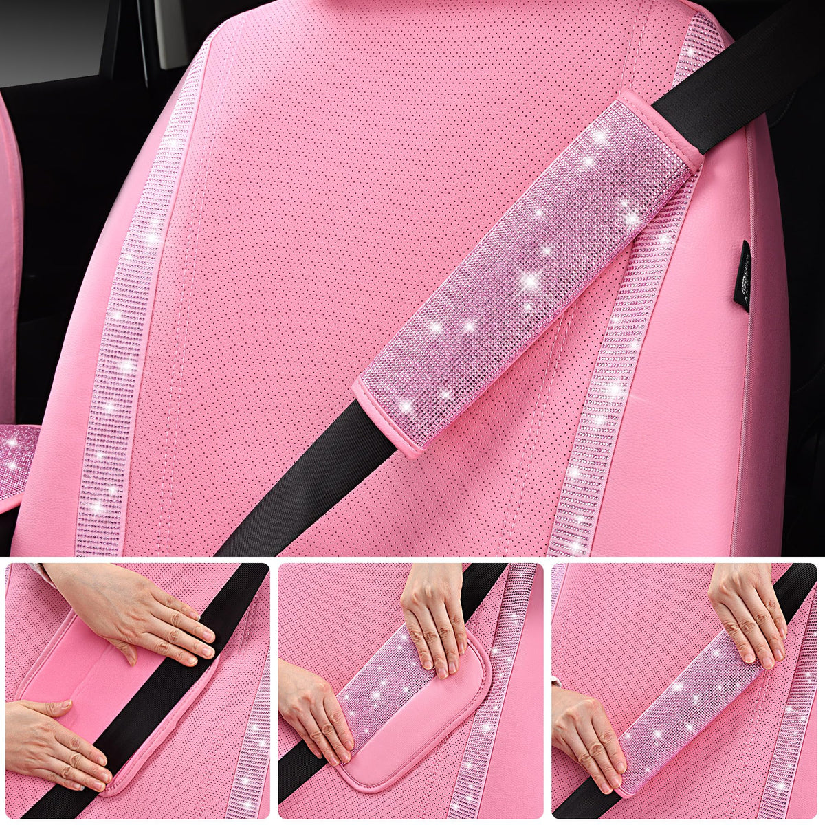 CAR PASS 24 PCS Pink Bling Diamond Accessories Set for Women, Leather Seat Covers, 15'' Steering Wheel Cover, Shining Rhinestone Sparkly Hooks, Coasters, Cute Interior Decorations