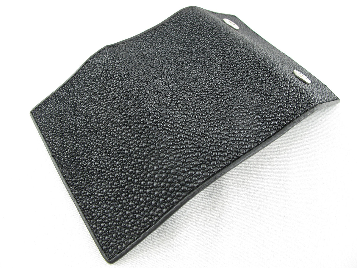 Pelgio Genuine Stingray Skin LeatherKeychain Key Holder Trifold Wallet Black (All Black)