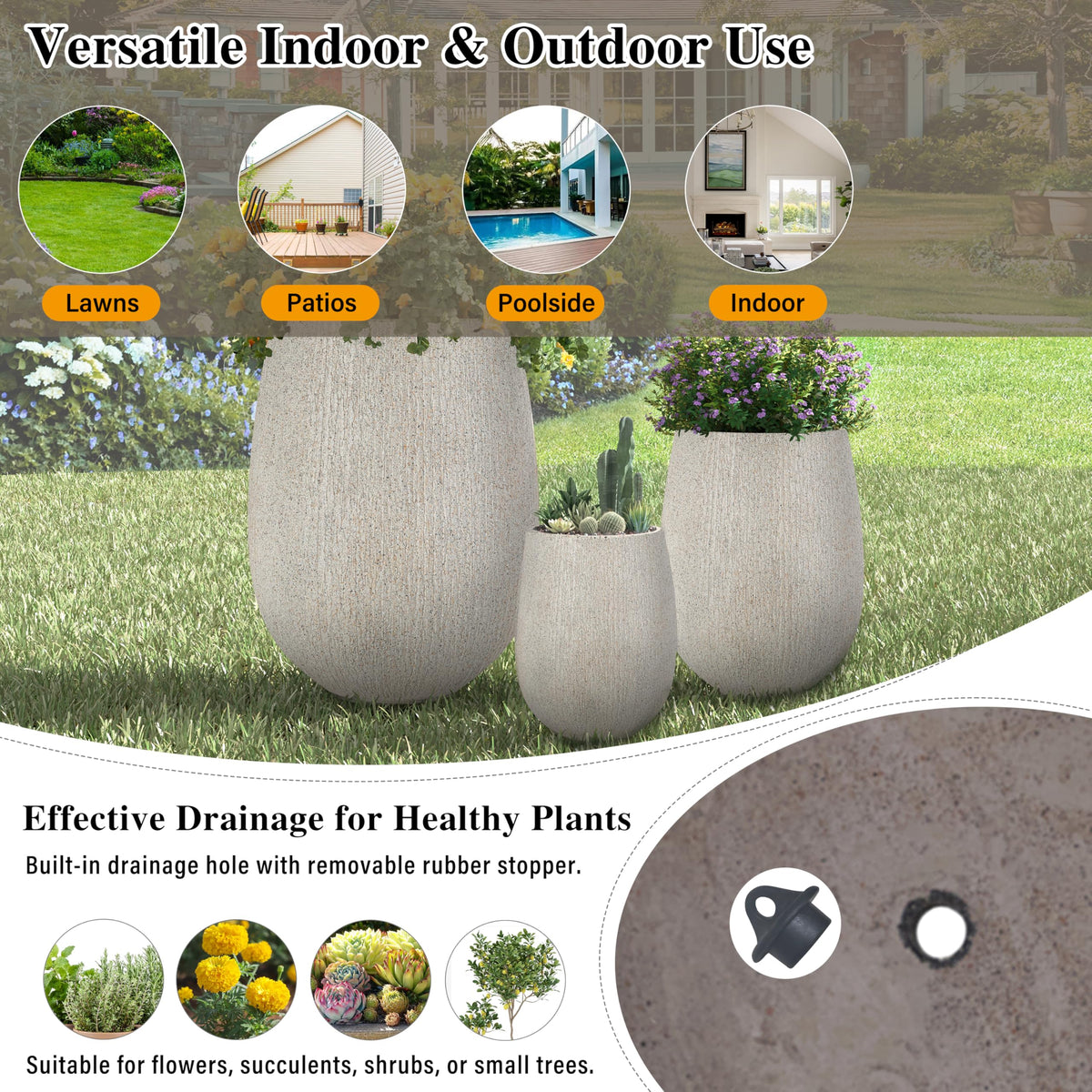 Modern Egg-Shaped Planter Set of 3, Lightweight MGO Stone Look Flower Pots with Drainage Holes & Rubber Plug for Indoor Outdoor Patio Garden Poolside Decor, Unique Textured Succulent Container