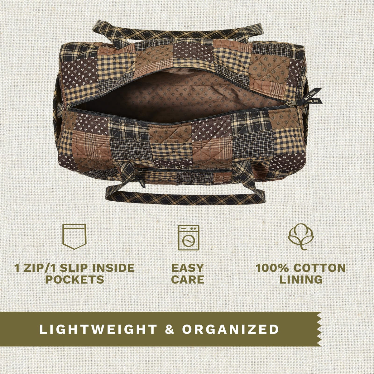 Bella Taylor Quilted Duffle Bag for Women, Large Carry On Travel Weekend Bag, Quilted Cotton Ironstone Black and Brown Patchwork