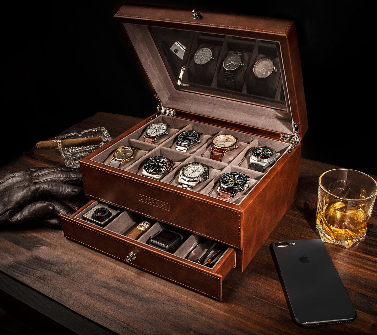 BEERUST Watch box organizer for men - Leather watch case - Luxury watch box - For large mens wrist watches - Mens jewelry box organizer - Watch case - With valet drawer - Watch display case
