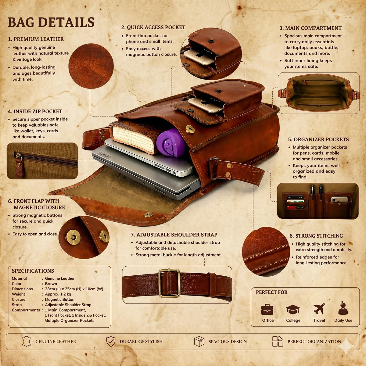 18" leather satchel tablet bag laptop case office briefcase messenger gift for men computer distressed shoulder bag