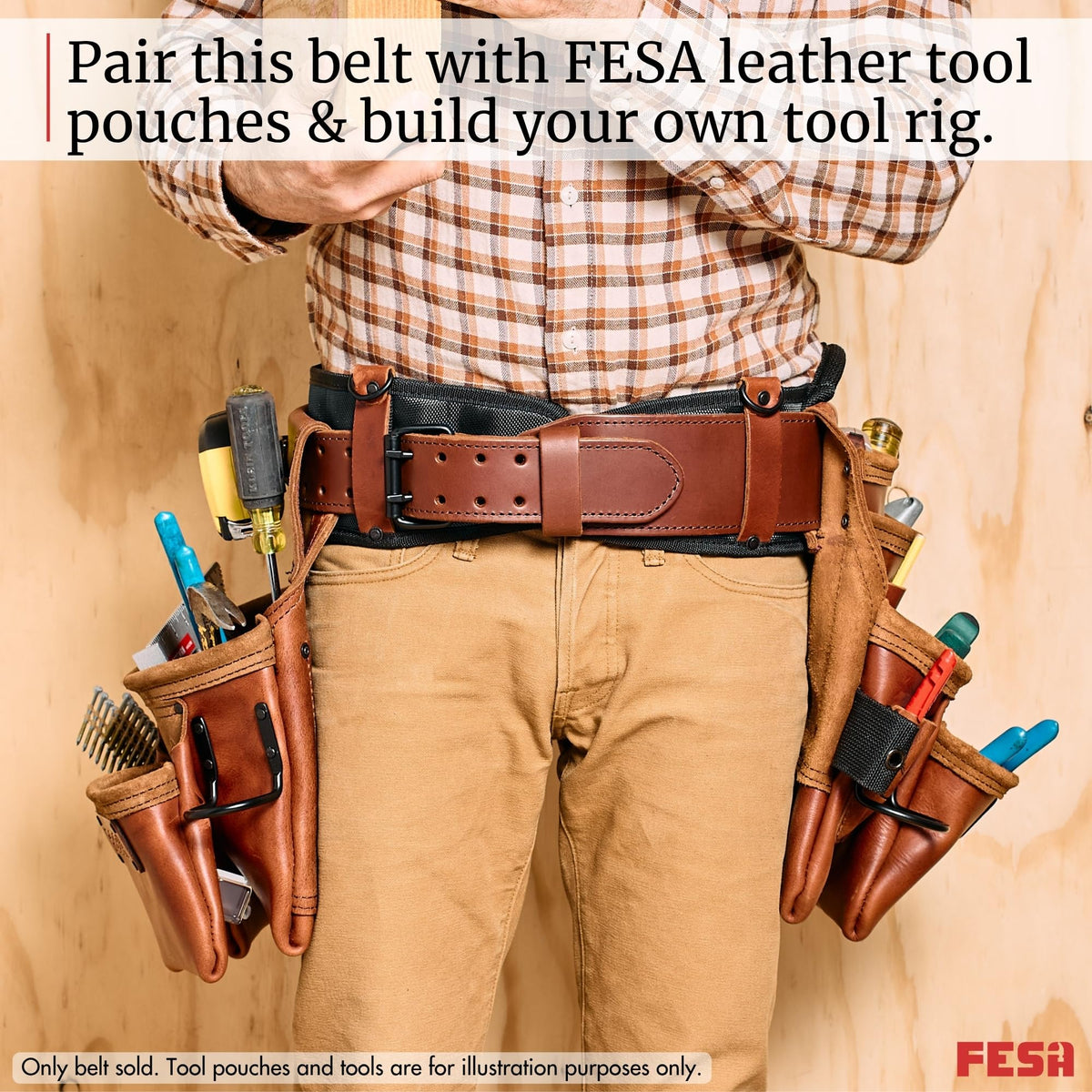 FESA Padded Tool Belt with Back Support - Padded Leather Tool Belt with D-rings for Suspenders - Perfect for Electricians, Carpenters & Framers - Adjustable from 37"-44" - Handcrafted (Cherry)