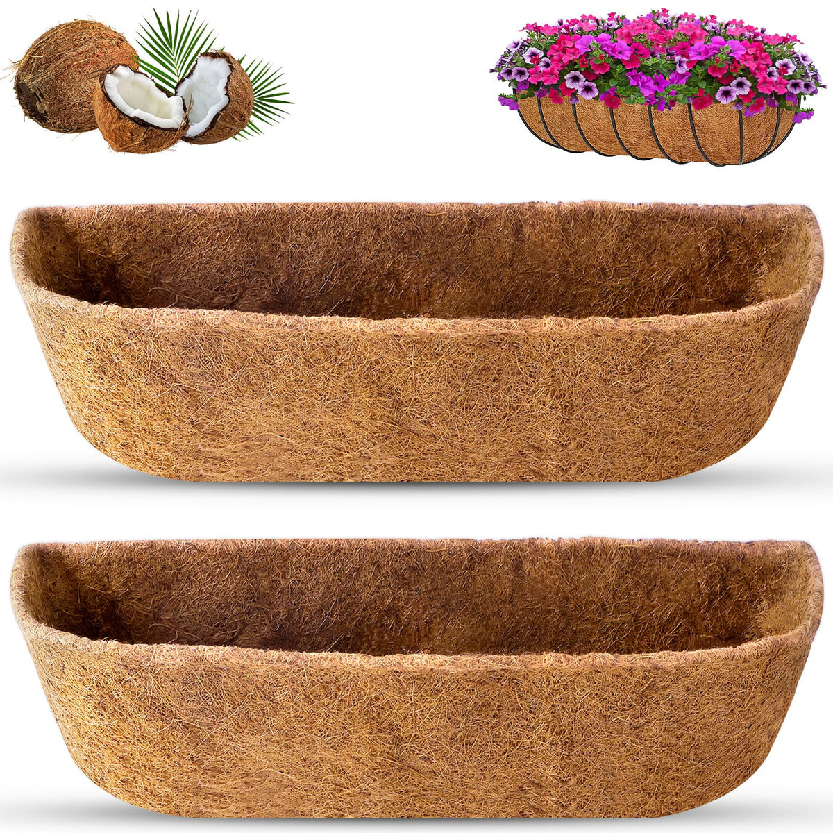 REMIAWY Coco Liners for Planters 24 Inch, 2 Packs Natural Coconut Fiber Coir Flower Basket Window Box Liners, Trough Planter Insert for Outdoor Plant Large Pots Garden Fence Decoration