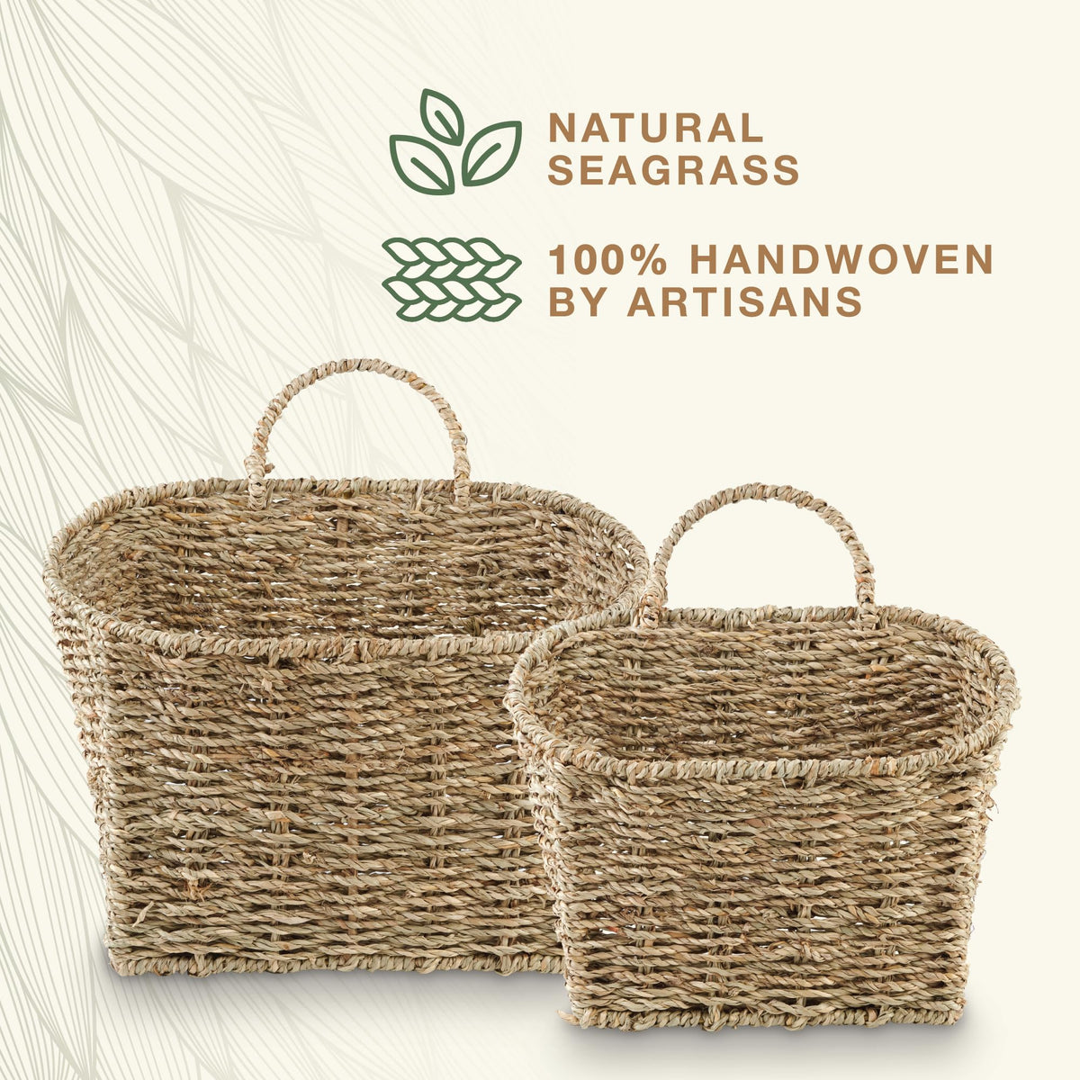 Set of 2 Wicker Hanging Basket for Organizing, Front Door, Mail, Flowers - Woven Wall Baskets for Storage (Seagrass)