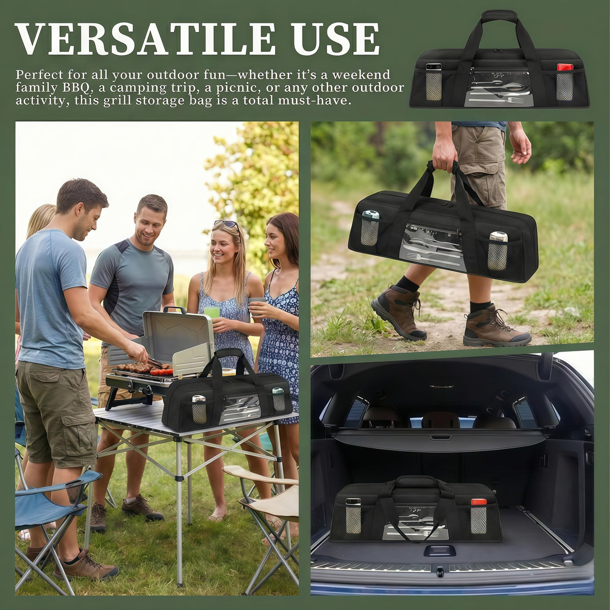 Chrysoippotis Grill Utensil Storage Bag, Large Grill Tool Storage Caddy with Pockets, BBQ Outdoor Tool Storage Bag for Grilling, Camping, Picnic Accessories (22" L×6.5" W×7.2" H, Bag Only)