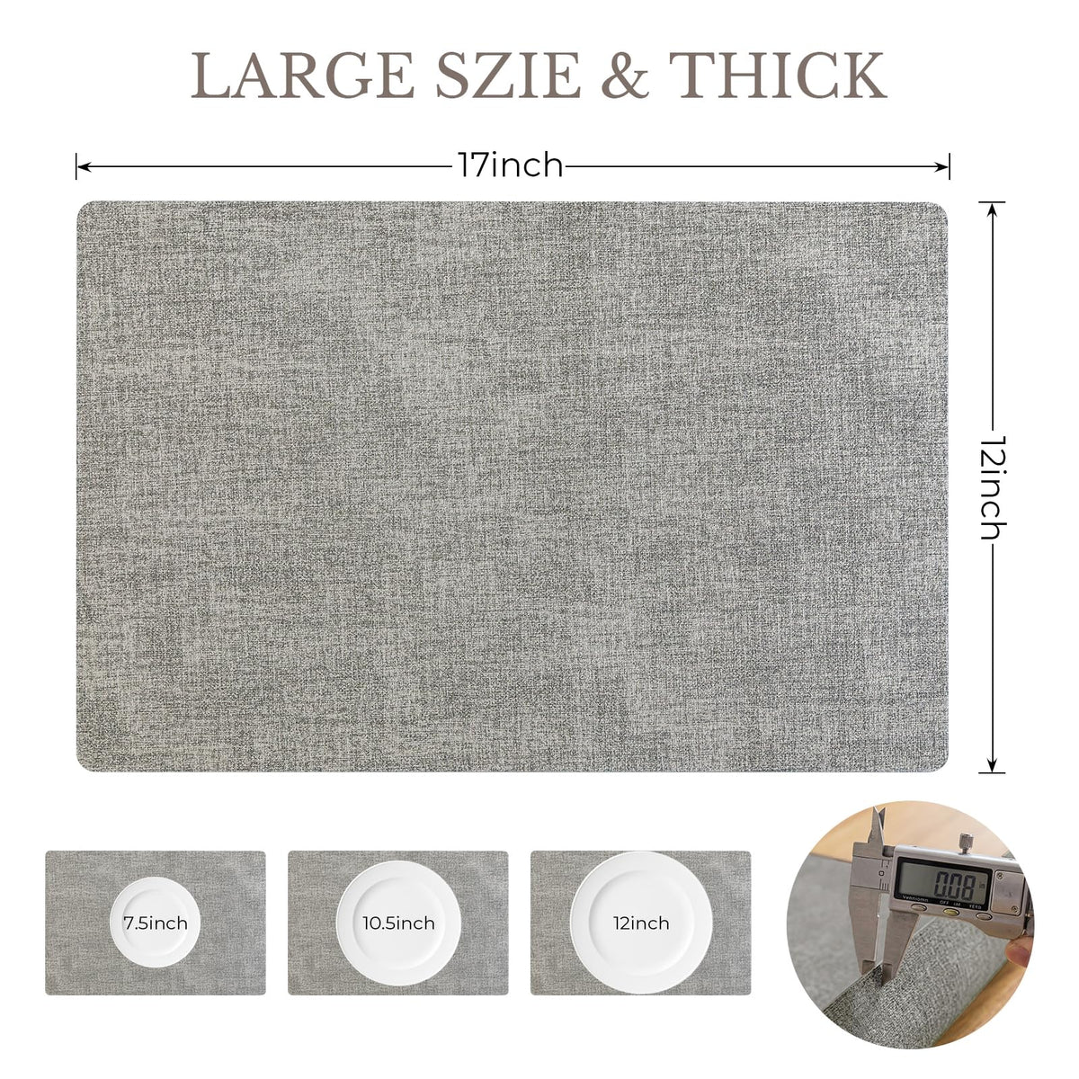 Romanstile Vinyl Placemats Set of 6-12 X 17 Inch - Faux Leather 100% Waterproof Wipeable Anti Slip Place Mats, Heat Resistant Reversible PU Table Mats for Kitchen Dining Party Outdoor, Light Grey