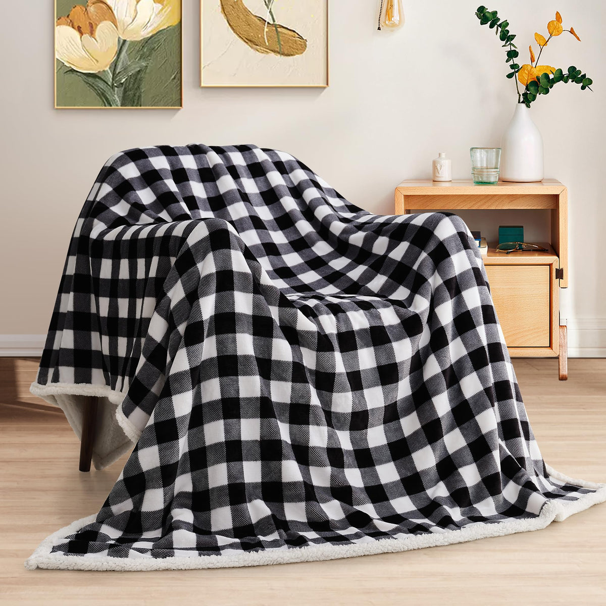 BEAUTEX Sherpa Fleece Flannel Throw Blanket, Super Soft Warm Buffalo Plaid Plush Blankets and Throws, Lightweight Cozy Fuzzy Blanket for Couch Sofa Bed (Black, Throw 50" x 60")