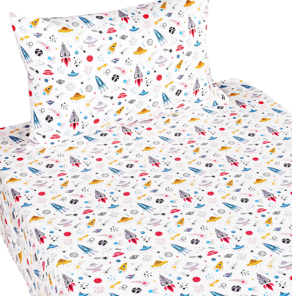 Scientific Sleep Planet Spaceship Rocket in Universe Cotton Cozy Twin Bed Sheet Set, Flat Sheet & Fitted Sheet & Pillowcase Natural Bedding Set (Space, Twin)